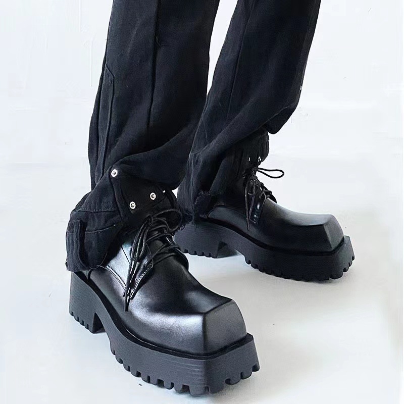 Men's and Women's Same Style Square Toe 2025 New Leather Shoes Trendy Women's Thick-Soled Casual Derby Shoes Black Square Toe Small Leather Shoes