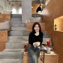 1*1德绒内搭打底衫女新款黑色长袖T恤设计感喇叭袖荷叶边修身上衣