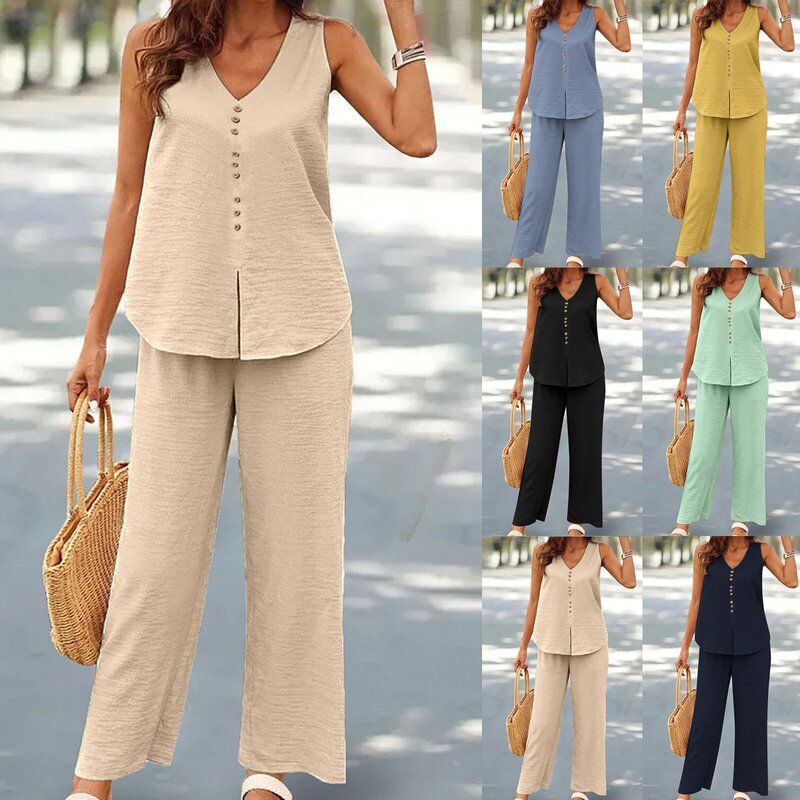 Spring and Summer 2023 New Amazon ebay Independent Station V-neck Casual Solid Color Printed Vest Wide Leg Pants Set