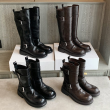 葡萄妈同款增高4cm双扣带复古圆头侧拉链厚底骑士长靴女马丁靴子