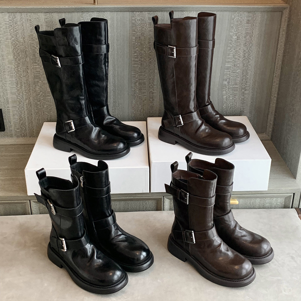 葡萄妈同款增高4cm双扣带复古圆头侧拉链厚底骑士长靴女马丁靴子