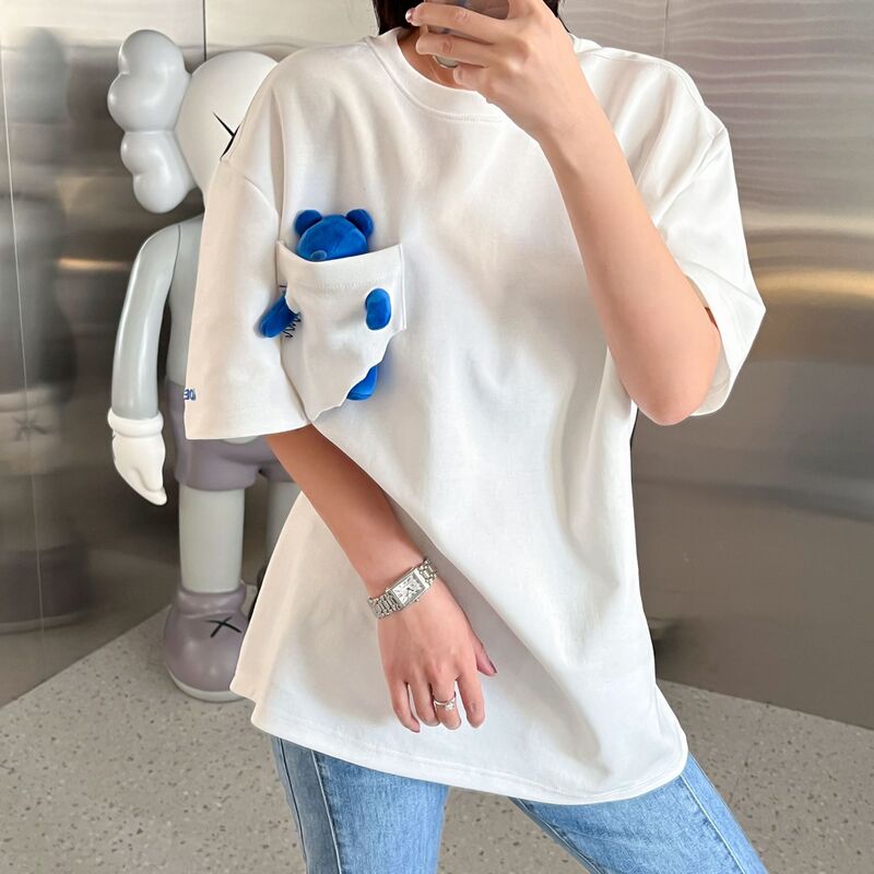 Aderh Flap Pocket Pants Bear Short-Sleeved 2022 Spring and Summer New Men's and Women's T-Shirts Trendy Brand Asymmetrical Loose Casual Cotton Round Neck Shirts