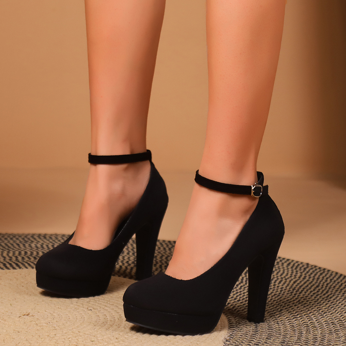 Black Suede High Heels Waterproof Platform 11cm Buckle Large Size High Heels Round Toe Thick Sole Mary Jane High Heels