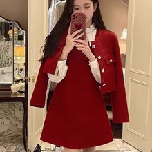 红色小香风套装女秋冬感名媛气质毛呢外套背带裙两件套连衣裙
