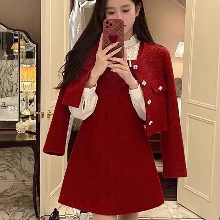 红色小香风套装女秋冬感名媛气质毛呢外套背带裙两件套连衣裙