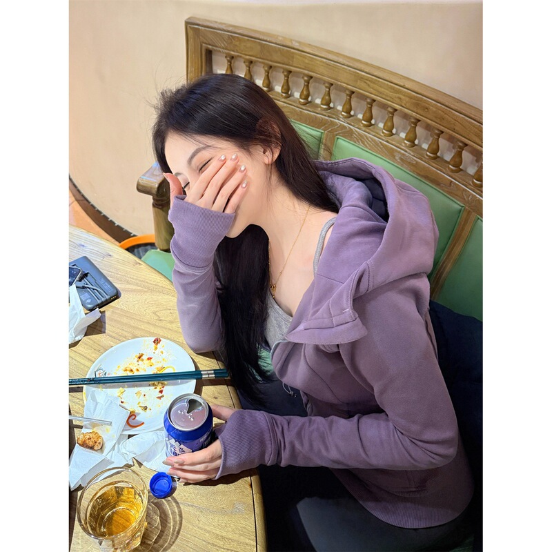 Purple slim-fit hoodie jacket for women, suitable for spring and autumn, Korean style, with a straight shoulder and waist-cinching design, slimming and tight-fitting