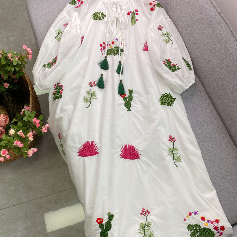 Cactus Pattern Embroidered Tassel Collar Loose Lantern Sleeve Dress Mid-Length Skirt for Women, Good-Looking and Not Picky