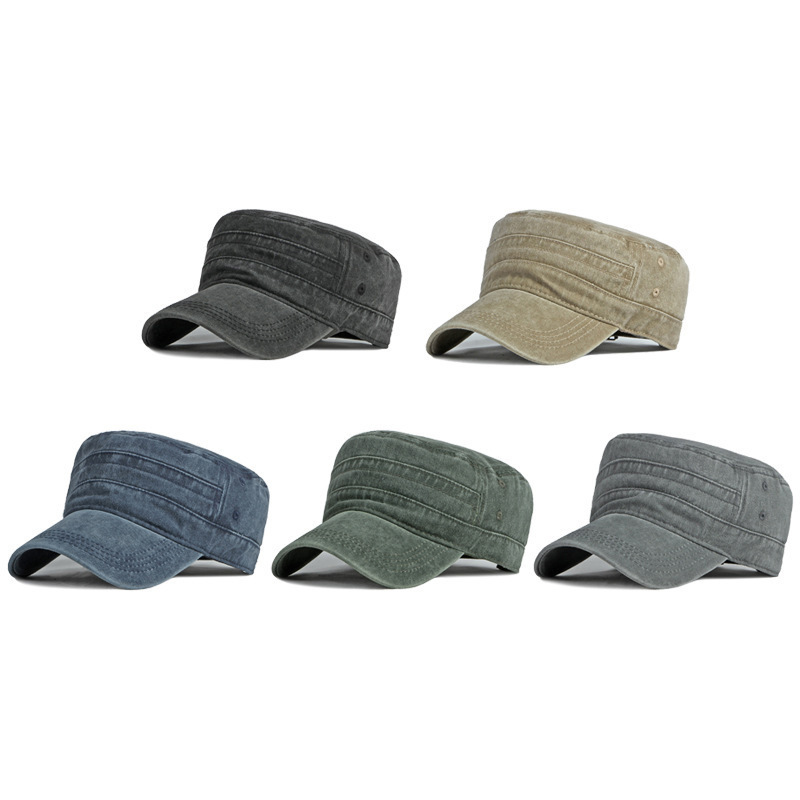 Flat-Top Hat Men's Summer Washed Old Military Hat Korean Style Casual Sun Hat Trendy Outdoor Sun Protection Peaked Cap