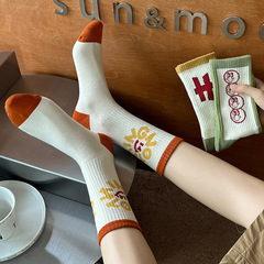 襪子女春秋笑臉學院風純棉透氣中筒襪吸汗防臭冬季運動襪韓版長襪