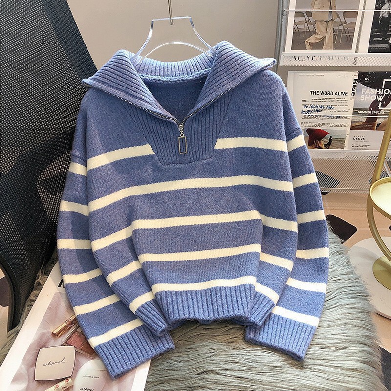 韓国風の秋と冬のルーズでファッショナブルなラペルコントラストカラーカジュアルアウターハイエンドハーフジップストライププルオーバーセーター女性用|undefined