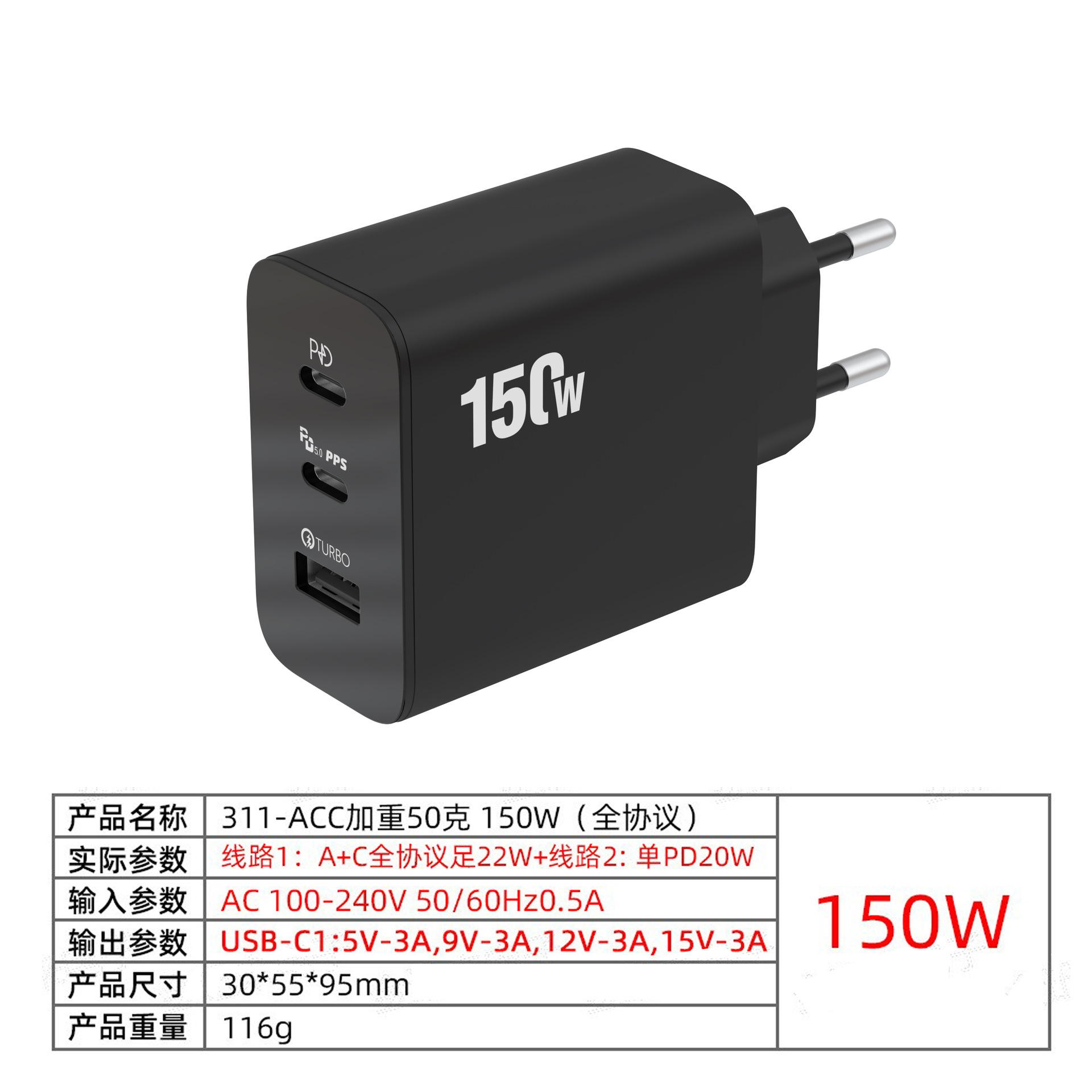 Nuevo modelo privado transfronterizo 2Type-C usb protocolo completo cabezal de carga súper rápido cargador 150W estándar europeo/americano/británico