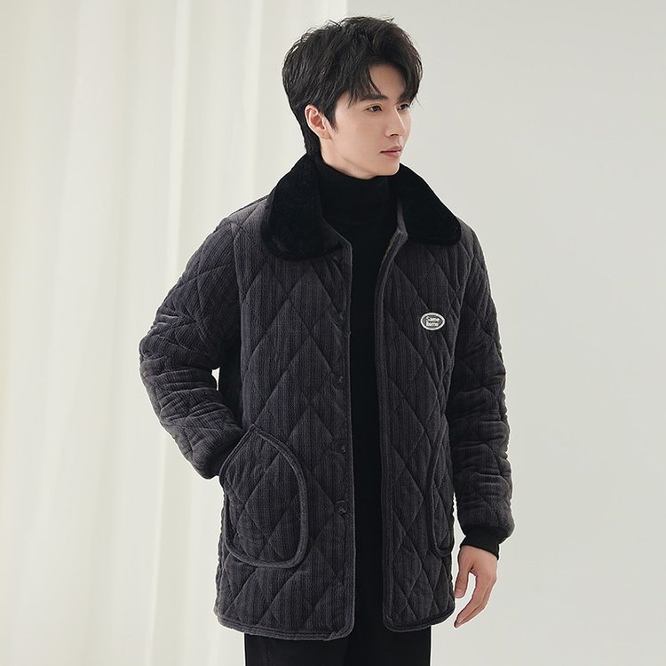 Men's Pajamas Winter Thickeneded Fleece-Lined Three-Layer Quilted Coral Velvet Flannel Autumn and Winter Warm Home Wear Tops
