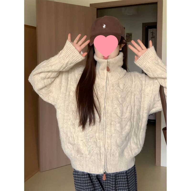 High Collar Twist Zipper Cardigan Sweater Women's 2025 New Autumn and Winter Thickeneded Lazy Style Stand Collar Knitted Jacket