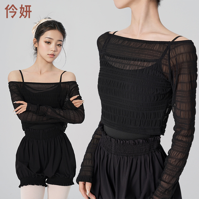 Adult Yoga Wear Lace Bottoming Shirt Women's New Two-Wear Foreign Style Outer Tower Long-Sleeved Mesh Fairy Shirt Top