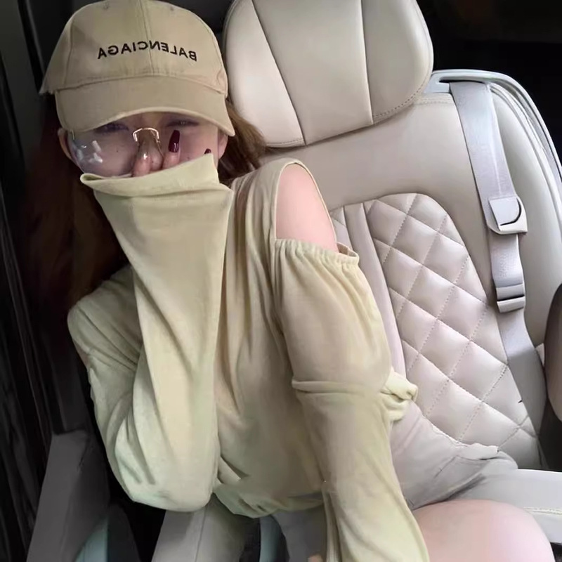 Shoulder Long-sleeved Sunscreen T-shirt Women's Spring and Summer Thin Slightly Transparent Solid Color Loose Flesh Covering Lazy Style Pullover Top Blouse