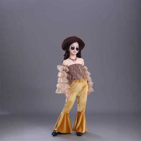 Children's Retro Hong Kong Style Cheerleading Suit Big Player Bell Pants suit 80 90 s Jazz Dance Suit New