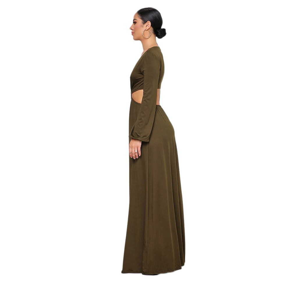 autumn casual v neck long sleeve waistless long solid color dress NSXLY119736