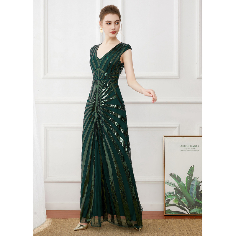 Cross-border Vintage Banquet Dark Green Long Sequin Evening Dress Large Size Bridesmaid Wedding Dress Deep V Elegant Dress Long Dress