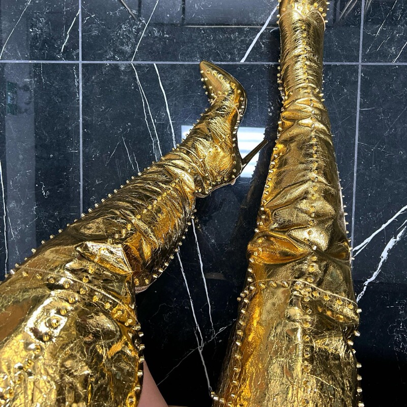 2025 New Style Cracked Pattern Sexy Gold Rivet Pointed Toe Fashion Boots Sexy Boots Stiletto Heel Boots