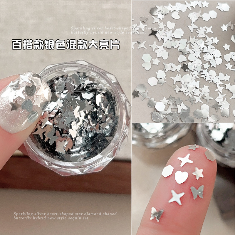 Silver Large Sequin Nail Art Decorations 2026 Hot-Selling Mixed Pack Starburst Heart Pentagram Butterfly Wearable Nail Stickers