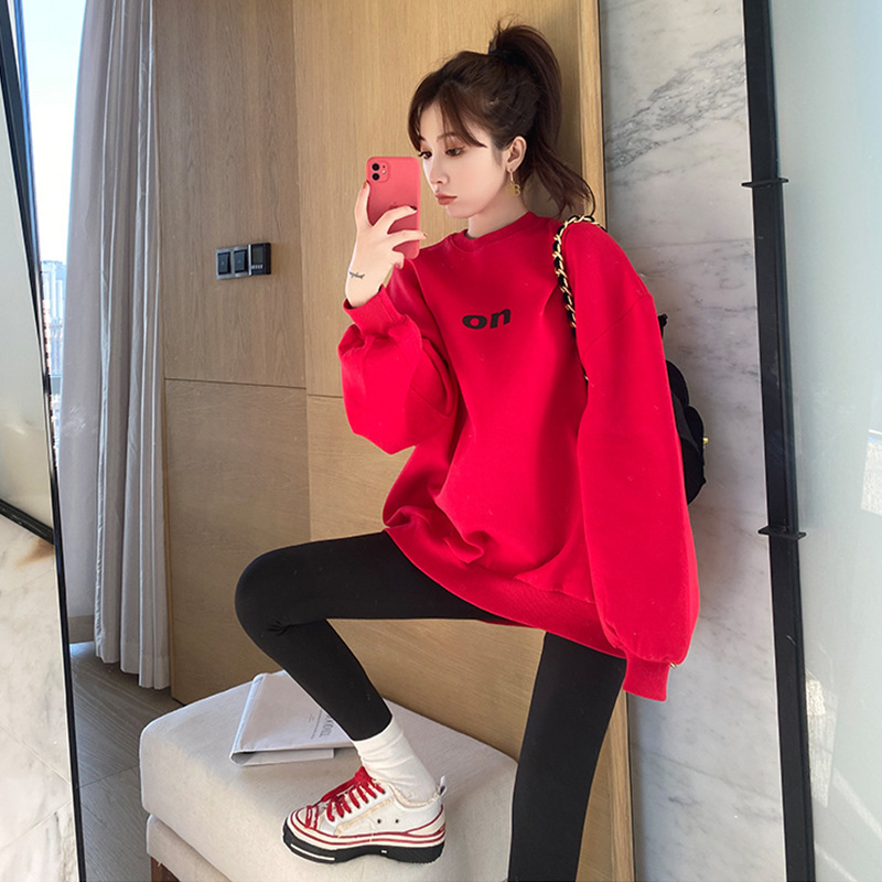 Festive Atmosphere Big Red Sweatshirt Women's Winter Korean Letter Print Loose Large Version Lazy Style Fleece-Lined Top 6241 Festive Atmosphere Big Red Sweatshirt Women's Winter Korean Letter Print Loose Large Version Lazy Style Fleece-Lined Top 6241
