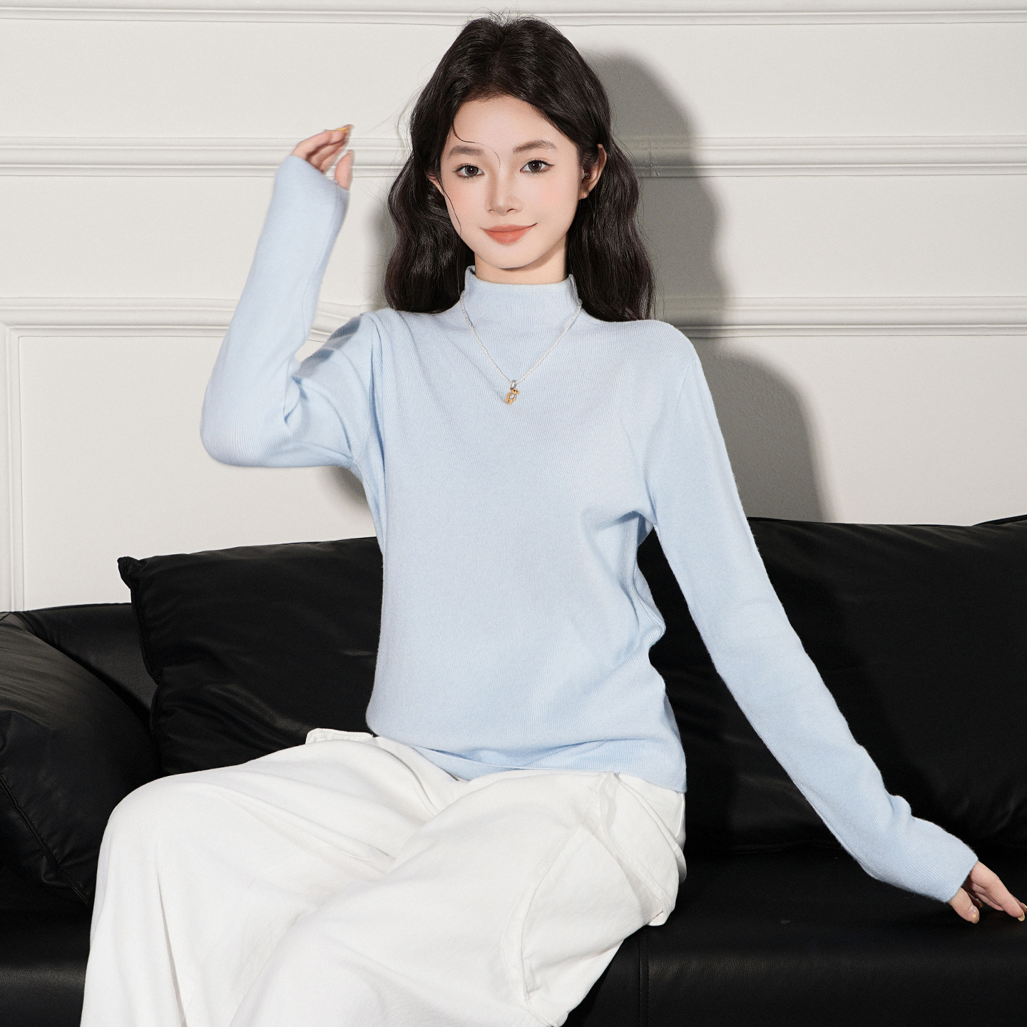 Jiyou Blue Half-High Collar Knit Sweater for Women 2026 Autumn and Winter Inner Layer with Integrated Fleece Thickened Top