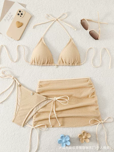 2026 New European and American Cross-Border Fashion Sexy Solid Color Bikini Three-Piece Triangle Bag Beach Vacation Swimsuit for Women