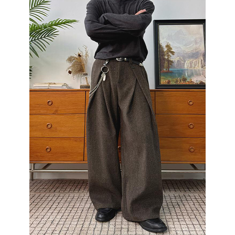 Old Money Style A-Line Pleated Woolen Dress Pants for Men, Autumn and Winter Oversized Stylish Thickened Wide-Leg Pants