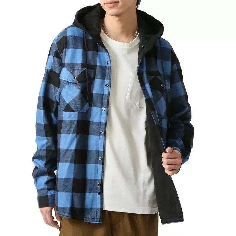 TEMU爆款带兜加绒衬衫男法兰绒格子衬衫男连帽双口袋长袖衬衫男