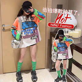 儿童韩版卫衣2025秋季新款女孩潮酷街舞上衣机车拼色字母中长T恤
