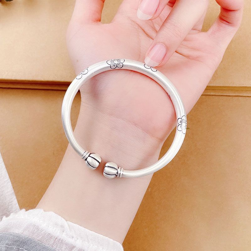 多福南瓜頭銀手鐲女9999純銀復古梅花開口貴妃鐲子中國風飾品批發