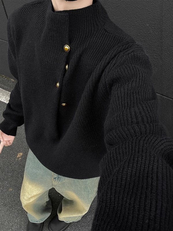 不规则纽扣设计感高领毛衣男韩系潮牌痞帅慵懒oversize针织衫上衣|undefined