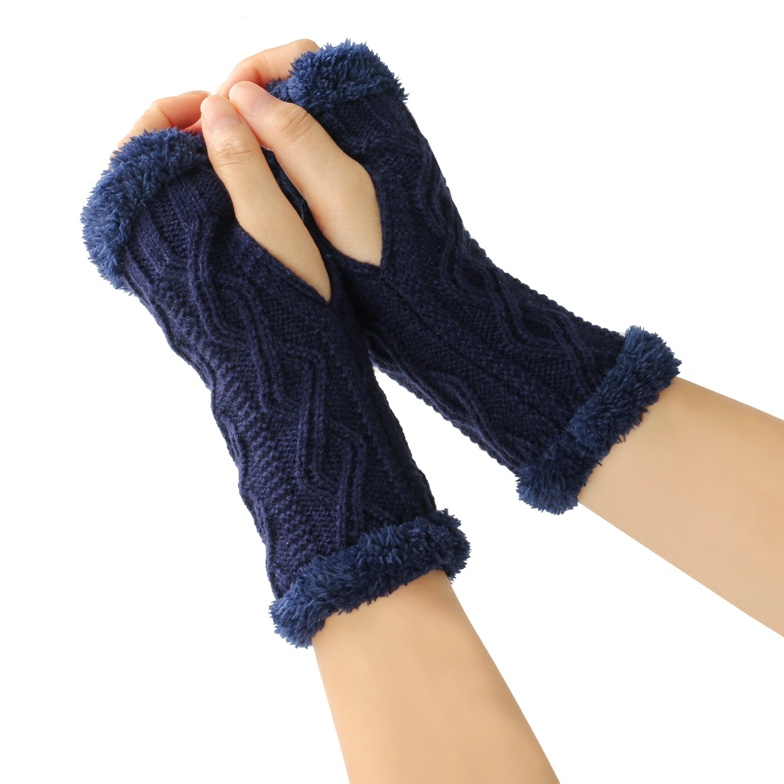 Plush And Thickened Gloves, Diamond Shaped Short Knitted Fingerless Plush Sleeves, Autumn And Winter Warm Plush Gloves_voghion.com
