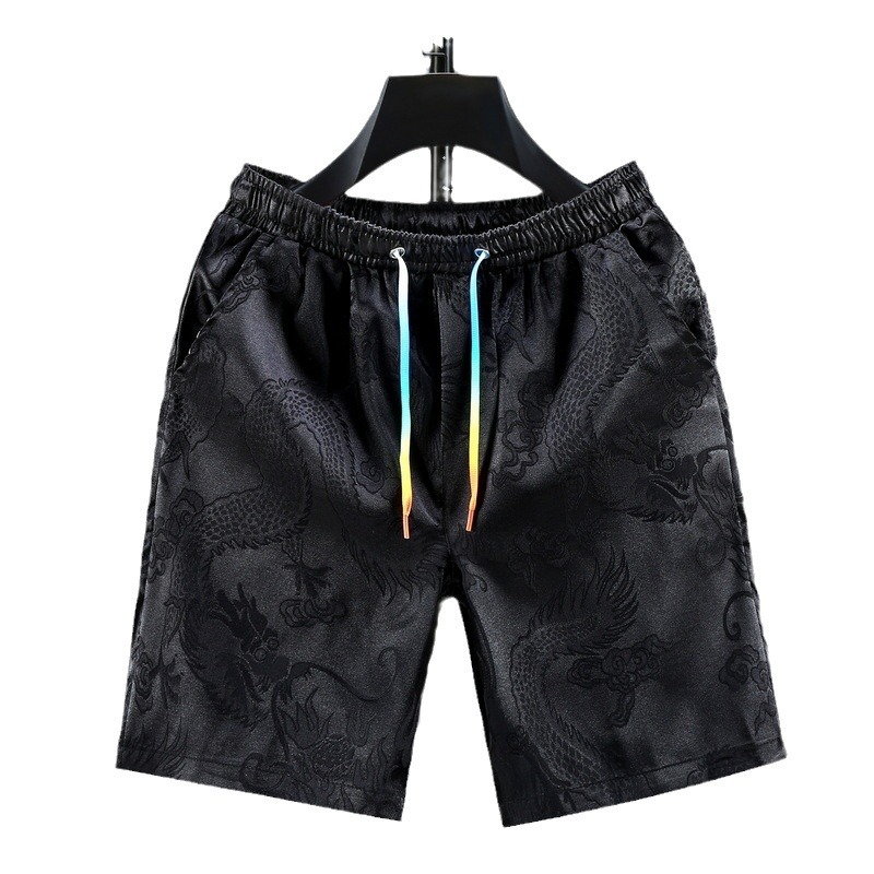 Summer New Dragon Pattern Printed Sports Shorts Loose Quarter Casual Beach Pants Dark Flower Chinese Style_voghion.com