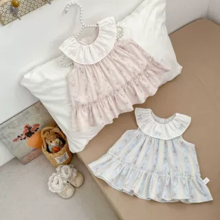 夏季新品儿童衣服无袖荷叶领刺绣碎花连衣裙宝宝裙子甜美外出服