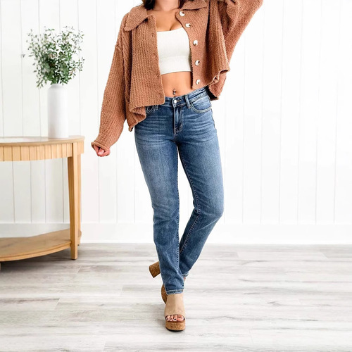 European and American small foot women's middle waist elastic slimming straight leg denim pencil pants women's long pants