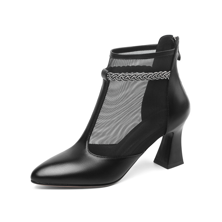 Boot ngắn nữ da bò cao gót lưới rỗng mùa xuân hè — Màu đen chi tiết 14