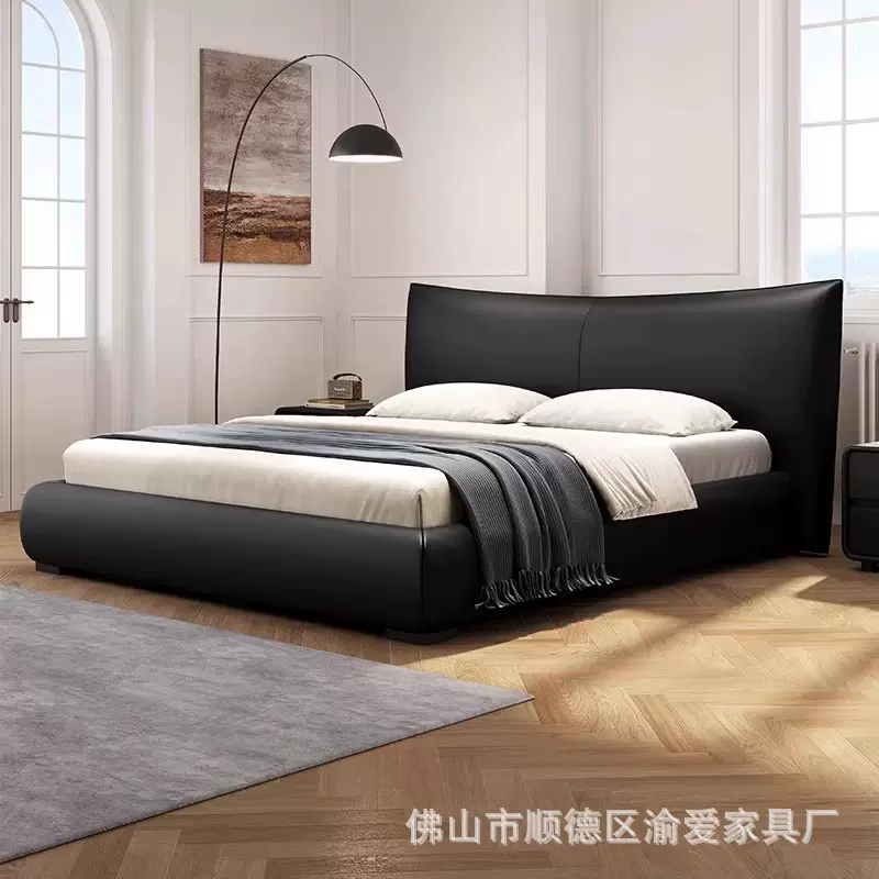意式极简主卧真皮双人床现代简约实木床头层牛皮1.8米主卧婚床
