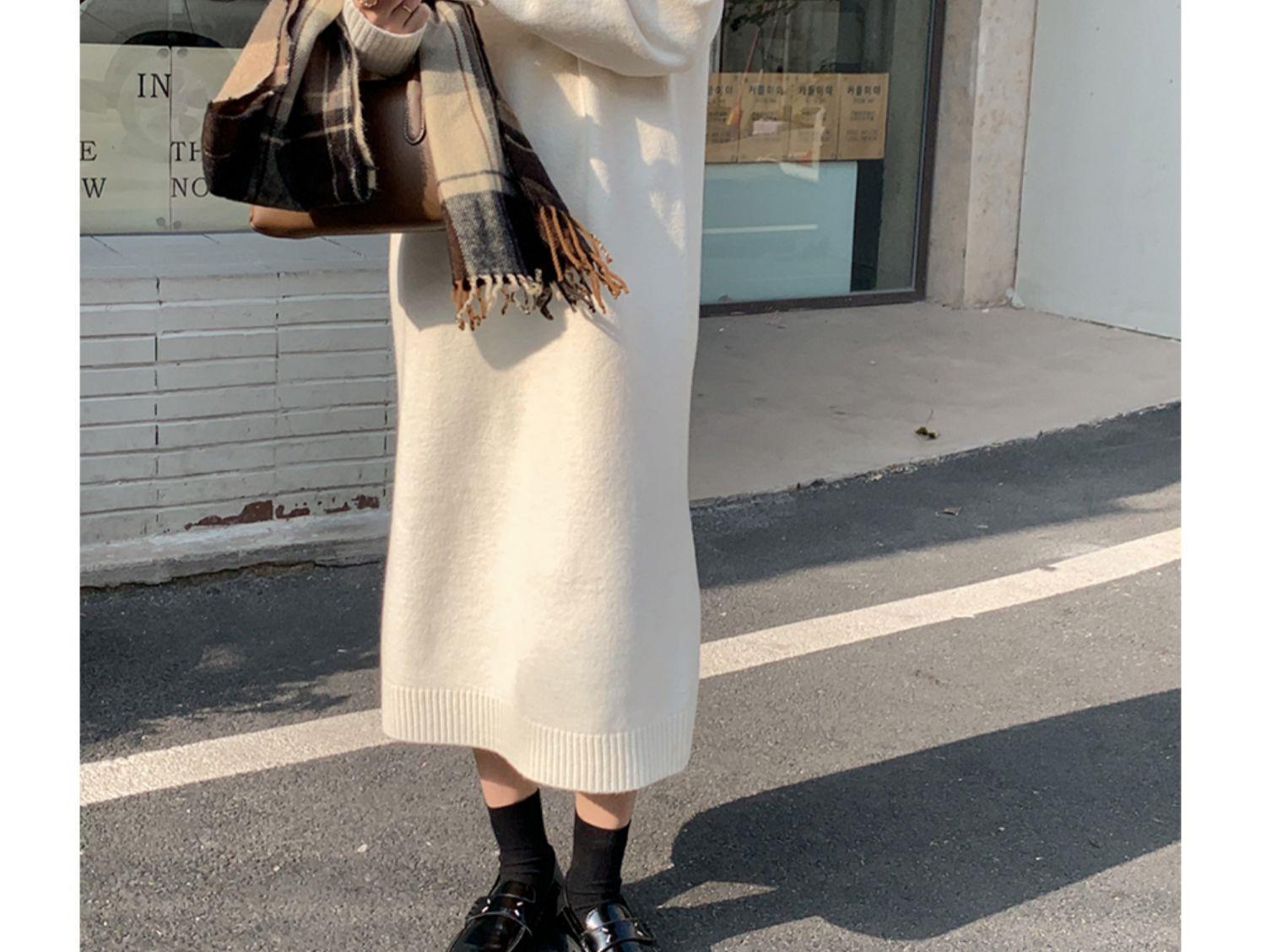 Polokragen Unterrock Herbst Winter, gepaart mit Mantel, lang knielang, fauler Stil, lockerer und dicker Pullover, gestrickt_voghion.com