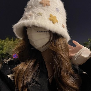 Star rabbit fur fisherman hat female autumn and winter big head circumference furry bucket hat Korean style face-looking small white plush hat