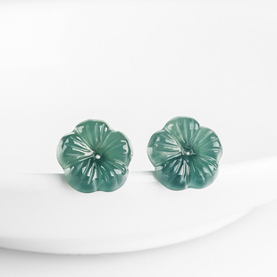 Natural A goods jade blue water plum blossom earrings ice jade stone petals S925 silver inlaid antique women's earrings wholesale