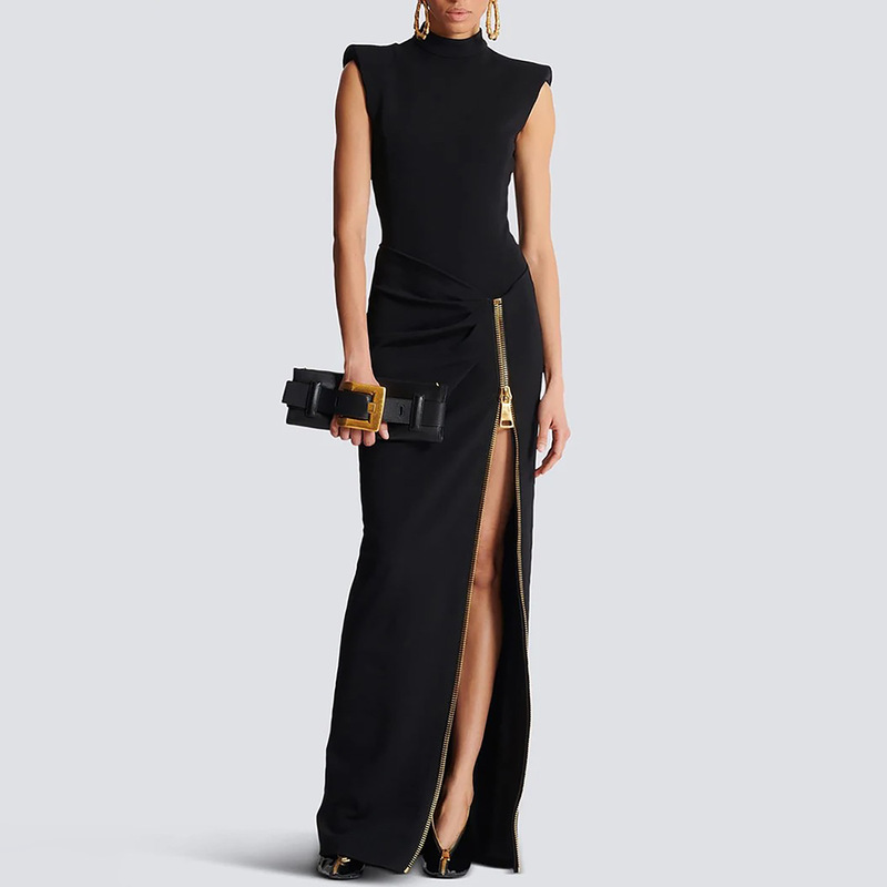 Cross-border half-high-neck, padded-shoulder, sleeveless dress with a stylish design, featuring a pleated waist, metal zipper, and a slit, creating a figure-hugging silhouette for evening wear Cross-border half-high-neck, padded-shoulder, sleeveless dress with a stylish design, featuring a pleated waist, metal zipper, and a slit, creating a figure-hugging silhouette for evening wear