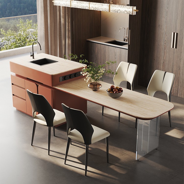 Mesa de comedor de plataforma de isla integrada, sala de estar de gran tamaño retráctil de alta gama, placa de roca, silla de montar, multifuncional con fregadero, caída media