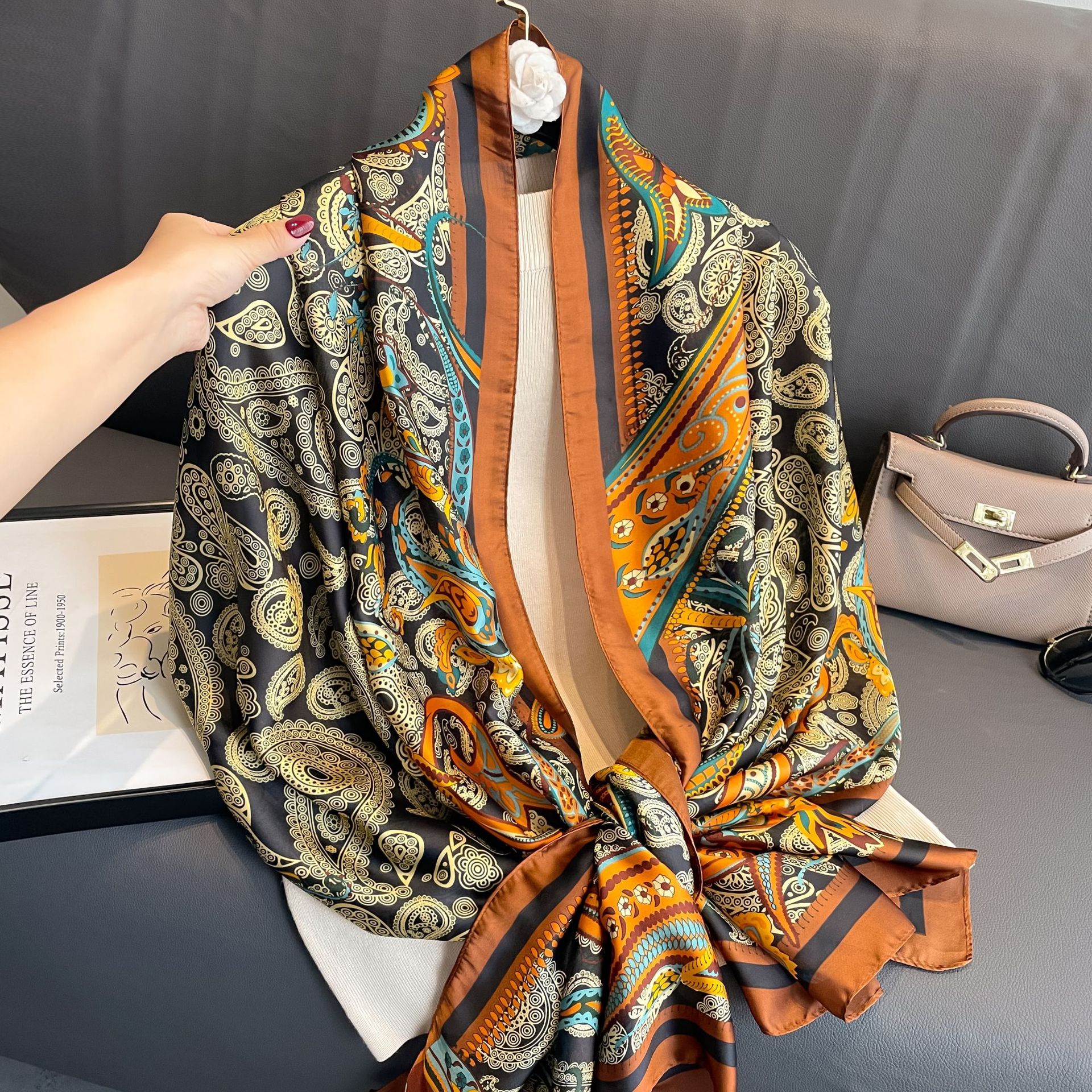 150g Weight Silk Scarf Classification Daily Occasion Women's Elegant Tree Flower Chains Print Satin Printing Silk Scarf