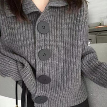 针织开衫女秋装2025年新款长袖宽松韩版时尚大扣翻领短款毛衣外套