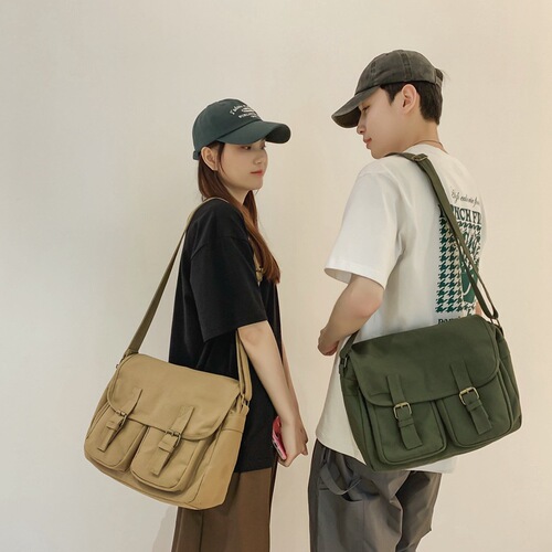 Canvas shoulder bag, men's straddle bag, casual Japanese mailman bag, women's simple retro student cross-body bag, men's cloth bag
