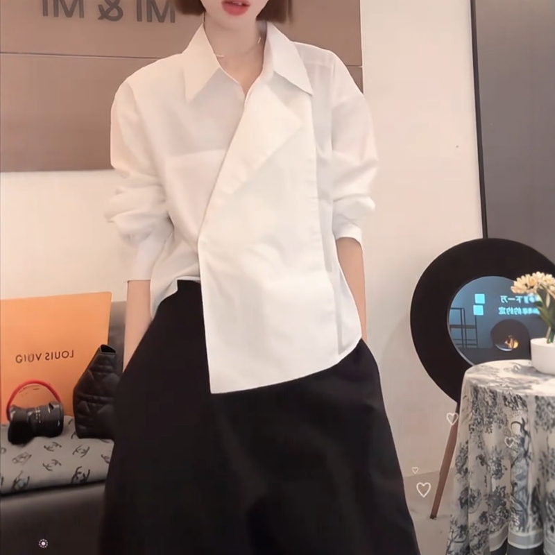 法式设计感长袖条纹衬衫2025早秋新款大码胖MM宽松显瘦不规则上衣|undefined