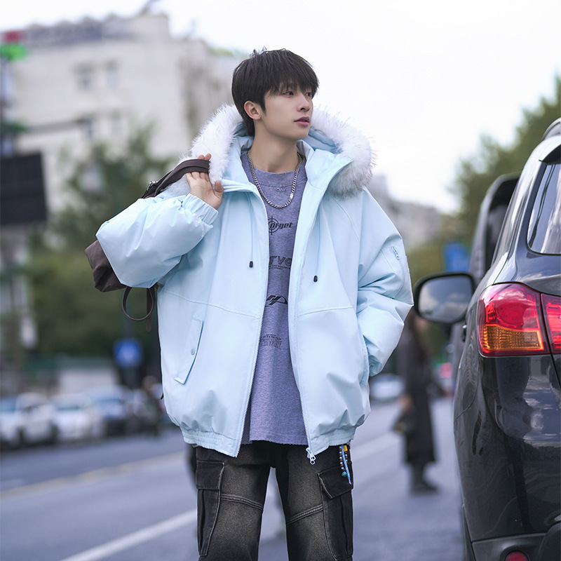 American Retro Spliced Solid Color Large Fur Collar Hooded Cotton Jacket for Men, Winter Thickened Warm Parka Cotton Coat Trendy