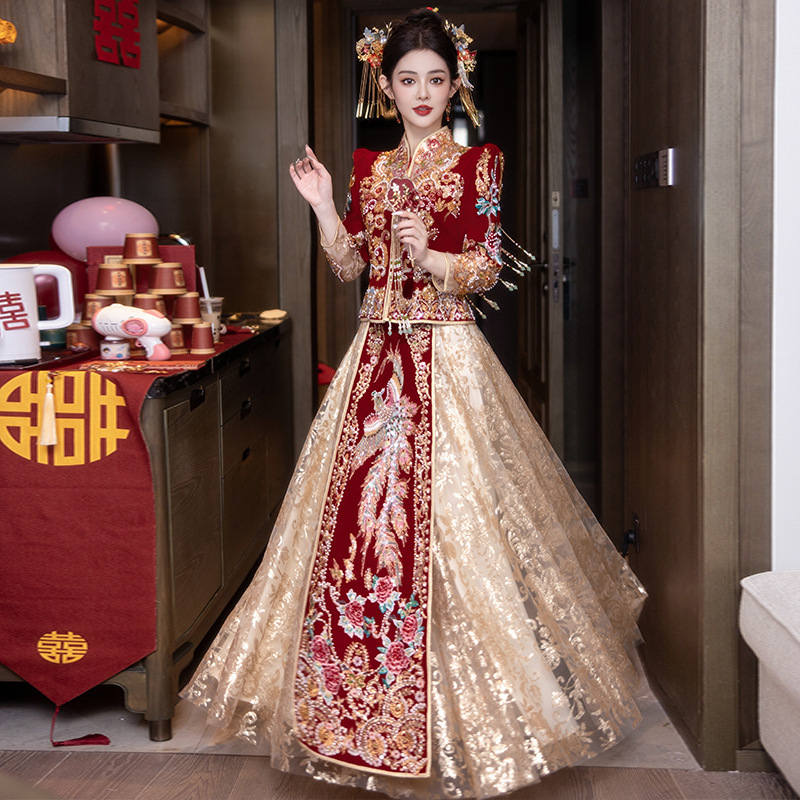 Contrast Color Xiuhe Wedding Dress for Brides 2026 New Style Petite New Chinese Style Dragon and Phoenix Gown Wedding Attire Xiuhe Plus Size Heavy Craftsmanship
