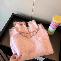 欧品重工のピンクのレースのアライグマのセーターの女性の秋冬の優しさは怠惰で、モチモチのニットの上着です。